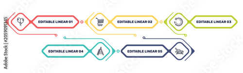 general outline icon set featuring floating balloons, shopping trolley, clockwise, stepladder icons.