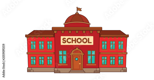 Red school building with classic architecture featuring dome flag entrance and multiple windows on transparent backdrop.