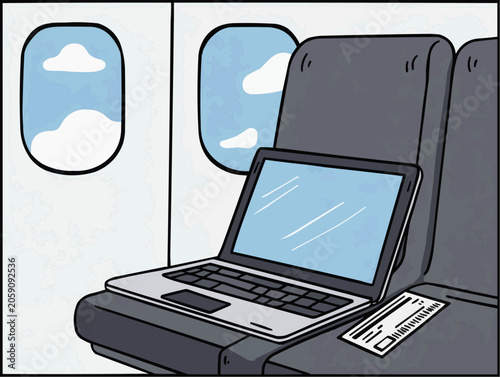 A sleek silver laptop sits open on a comfortable airplane seat with a boarding pass nearby showing fluffy clouds outside the window feeling calm and productive