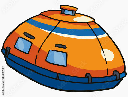Cartoon life raft showing a sturdy orange and blue vessel with small windows and a top hatch ready for emergency use