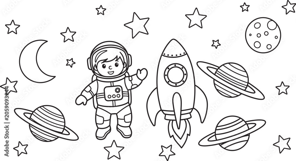 Naklejka premium Space exploration coloring page astronaut rocket planets moon and stars for kids and adults
