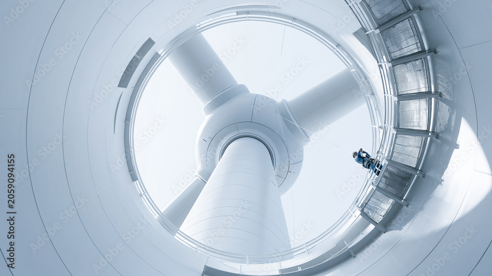 Fototapeta premium An aerial view of a technician inside a wind turbine, showcasing industrial innovation.
