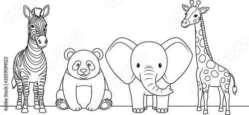 Photography Safari animals coloring page zebra panda elephant and giraffe illustration for k