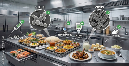 Visualizing food safety principles in a professional kitchen, featuring bacterial control, safe temperatures, optimal ph, and hygiene practices. AI generated image