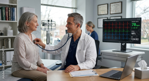 A professional male physician in a white coat and scrubs performs a cardiovascular checkup on a senior woman sitting on an examination table, with data displayed on an office computer monitor.