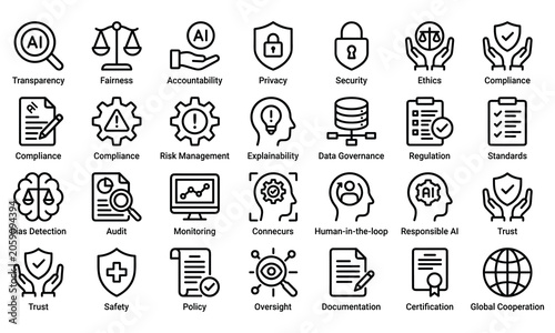 Set of ethical AI and responsible artificial intelligence vector icons