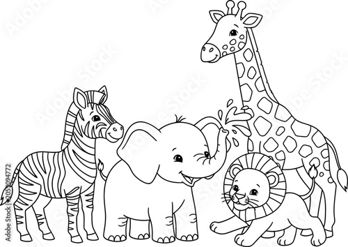 Photography Safari animals coloring page zebra elephant giraffe and lion for kids and toddle