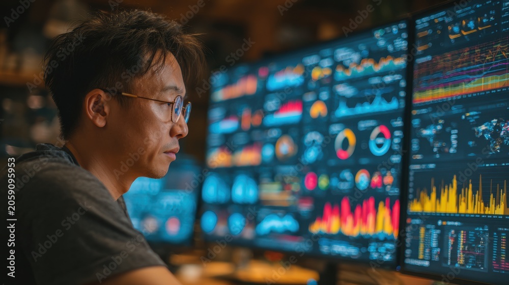 Fototapeta premium Asian male tech expert collaborating with a team, analyzing sales predictions and SEO insights on charts and graphs using AI and big data tools, working in a business intelligence office environment.