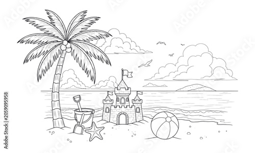 Black and white beach scene with sandcastle, palm tree, and sea