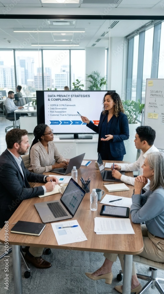 Fototapeta premium Business Meeting Presentation: A diverse group of professionals attentively listens to a female presenter detailing strategies and compliance at a modern office conference table.