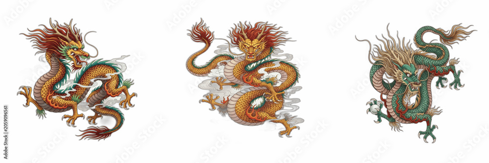 Fototapeta premium Chinese Dragon PNG Transparent Clipart Set: Three Isolated Detailed Traditional Eastern Mythological Dragons with Serpentine Bodies, Horns, and Whiskers for Lunar New Year Graphics, Fantasy Art, and T