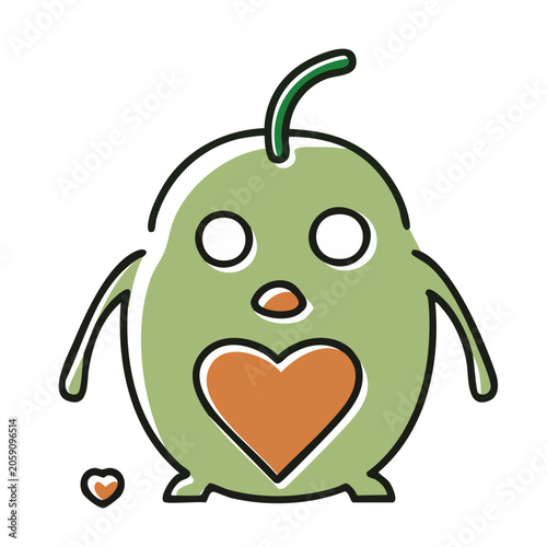 Cute green character with heart and antenna