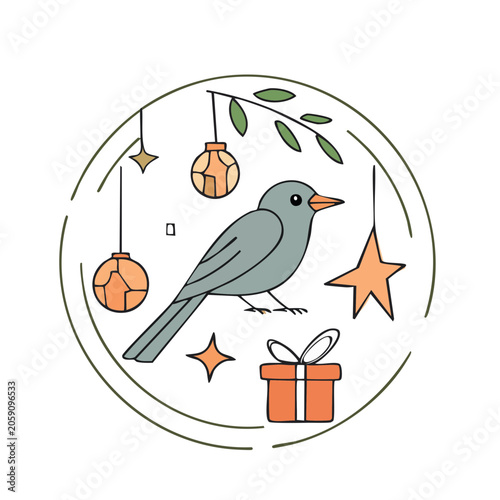 Flat design bird with holiday decorations in circular frame