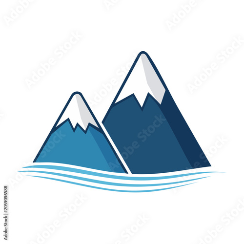 Flat design mountain range icon with snow and water