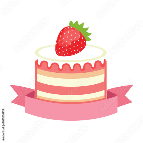 Strawberry Cake with Pink Ribbon Illustration