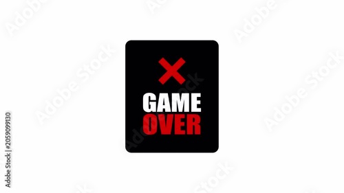 A red and black game over card with a cross mark, useful for arcade failure screens, challenge endings, and animated gaming notifications.