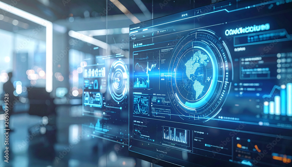 Fototapeta premium Futuristic Tech Display: A high-tech digital interface showcases a world map and complex data streams on a glowing screen in a modern office setting.