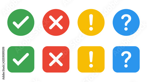 A collection of graphical icons representing confirmation, denial, warning, and inquiry, in both circular and rounded square formats.