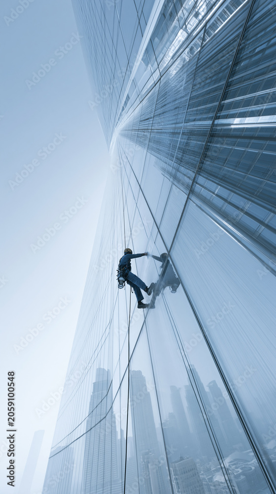 Fototapeta premium Male worker cleaning glass skyscraper with harness in urban setting.