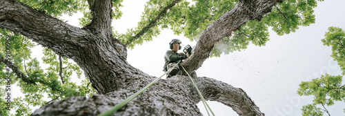 A male arborist skillfully prunes a large tree from a high vantage point.