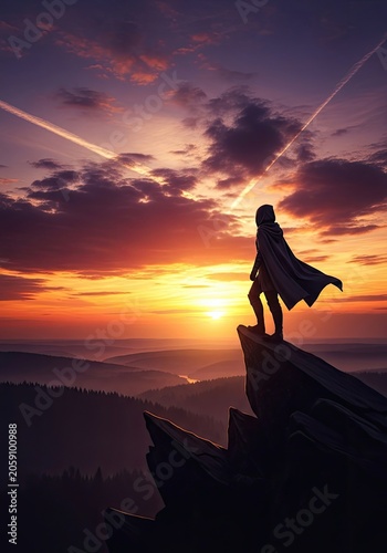 Silhouette of a person standing on a cliff edge at sunset with a cape flowing in the wind