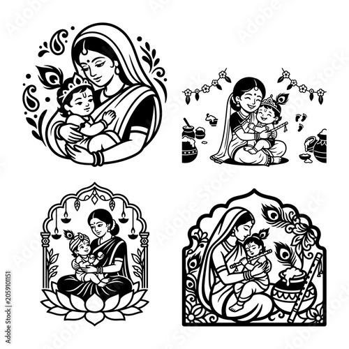 Photos Krishna devotional mother child line art vector