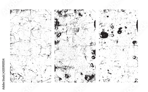 Collection of Three vertical grunge texture panels with distressed cracked surfaces and weathered vintage overlay effects