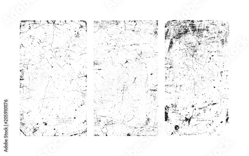 Collection of Three vertical grunge texture overlays featuring distressed weathered surfaces for authentic graphic design