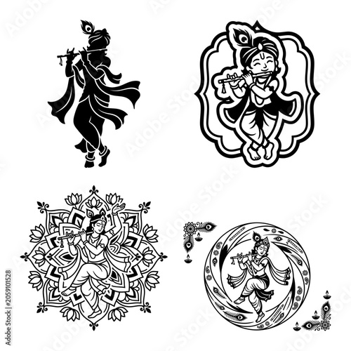 Photos Krishna devotional mandala Janmashtami line art vector