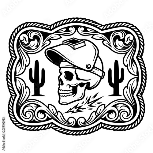 Skull welder cactus frame in western vector style