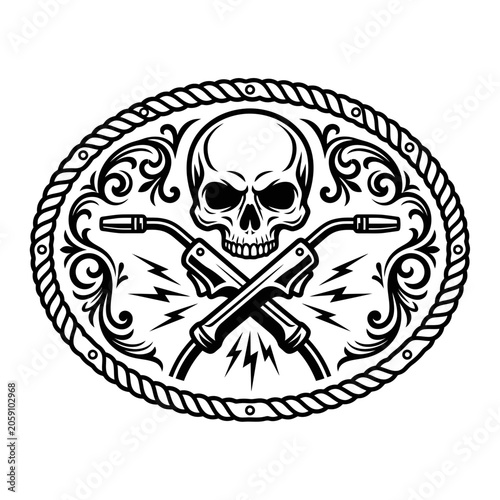 Welding skull crossed torch western buckle vector