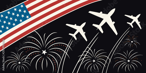 Patriotic USA flag with airplanes and fireworks, vector