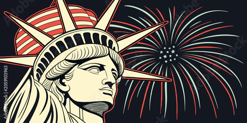 Statue of Liberty with fireworks and American flag patterns, vector