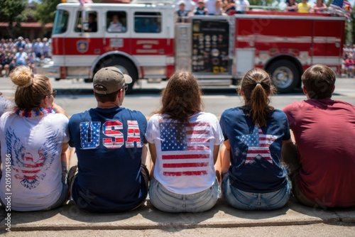 Five people wearing patriotic shirts sitting on curb watching parade