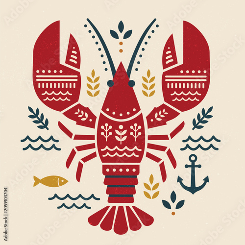 Design Featuring a Lobster With Decorative Elements and Nautical Themes in a ...