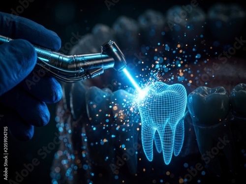 Dental laser treating holographic molar in clinical environment in macro shot with cinematic blue lighting for futuristic medical technology marketing