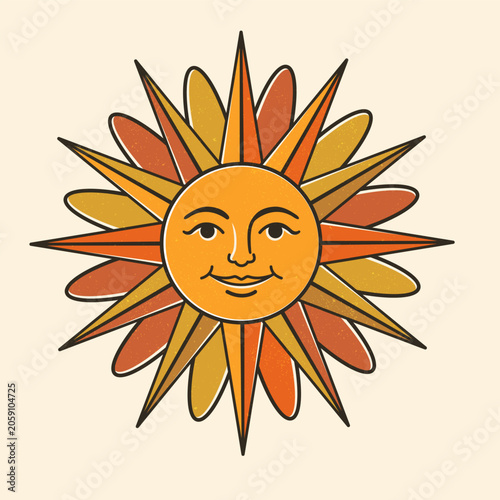 Sun Illustration With Rays in Various Colors and a Smiling Face in a Simple D...