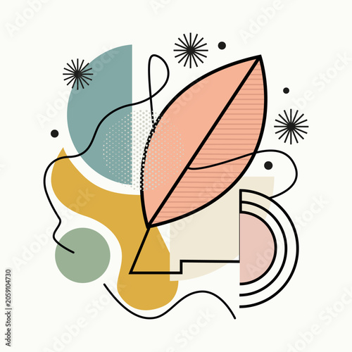 Abstract Design With Shapes and a Leaf in Pastel Colors on a Light Background