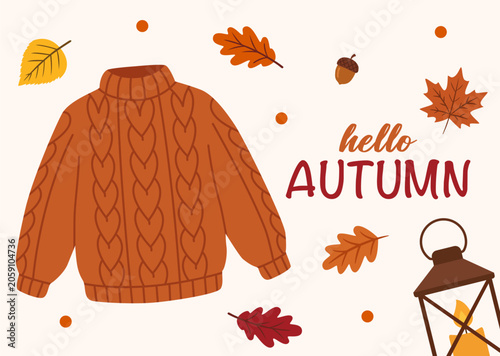 Fall Sweater Design With Leaves and Lantern on Light Background in Autumn Set...
