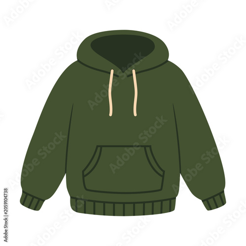 Green Hoodie With a Front Pocket and Drawstrings Shown Against a Plain Backgr...
