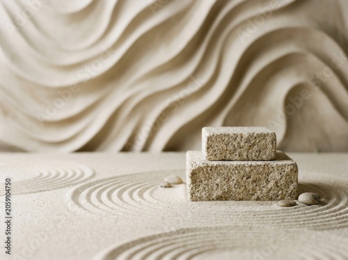 Two-tiered stone pedestal stands on raked zen sand with wavy wall backdrop in minimalist studio style for organic skincare marketing