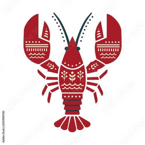 Lobster Design With Simple Lines and Patterns in Red Color on White Background
