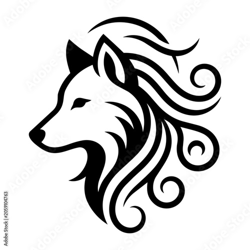 Wolf Head Design With Flowing Mane Featuring Curls and Smooth Lines