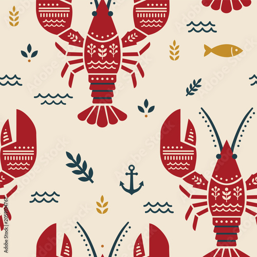 Lobster Pattern Design Featuring Various Marine Elements for Creative Projects