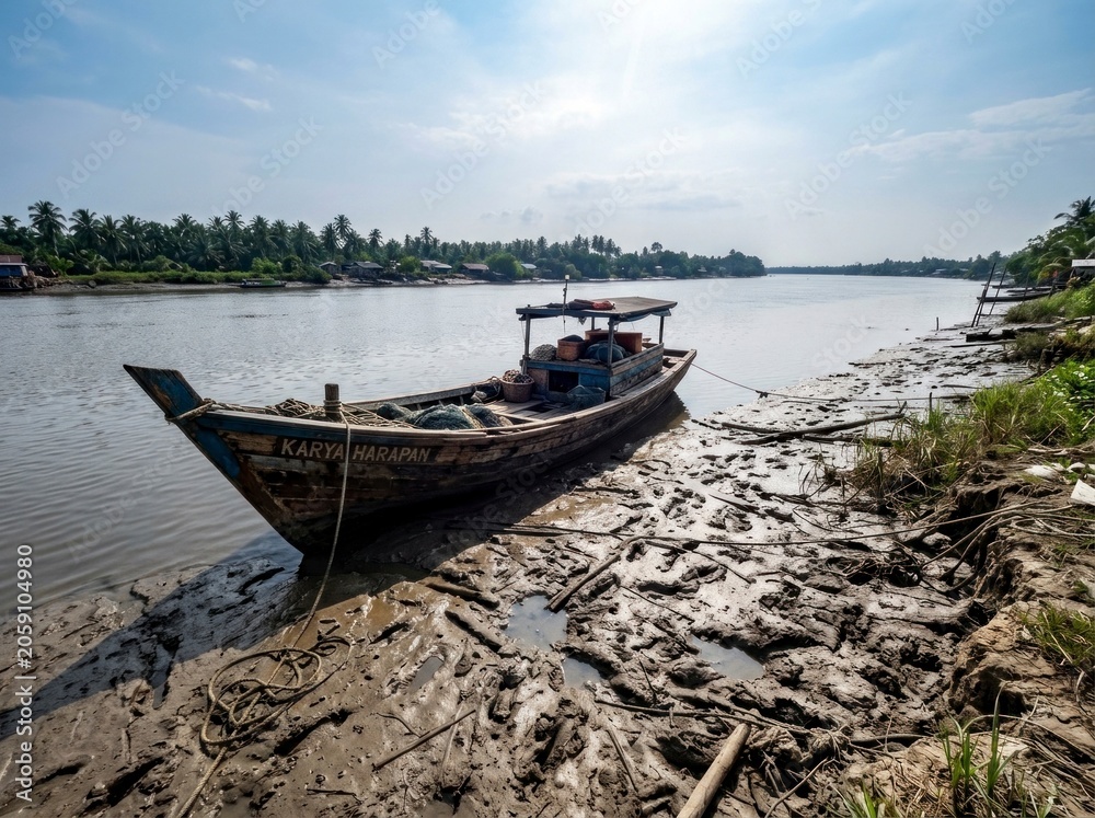 Obraz premium Weathered wooden fishing boat resting on a sun-drenched muddy riverbank at low tide in a wide-angle shot for authentic maritime and travel marketing