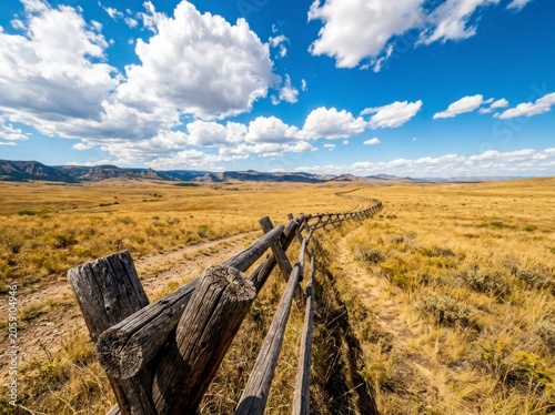 Split rail fence winding through a golden prairie under a wide blue sky in a sharp focus landscape for rural lifestyle and agricultural marketing