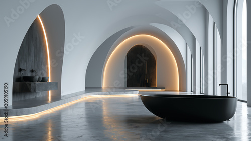 Luxury Minimalist Archway Bathroom with Free Standing Black Bathtub