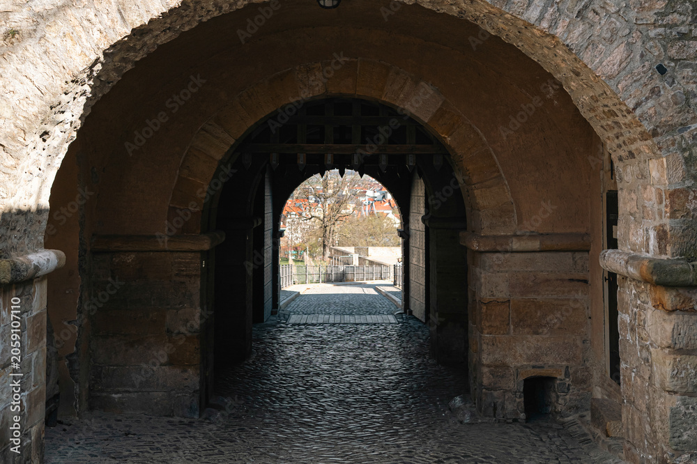 Fototapeta premium Erfurt, Germany - March 27, 2026. Historic Arched Passage in Petersberg Citadel