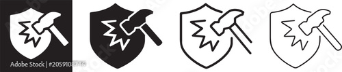 Impact resistant shield and hammer icon set.