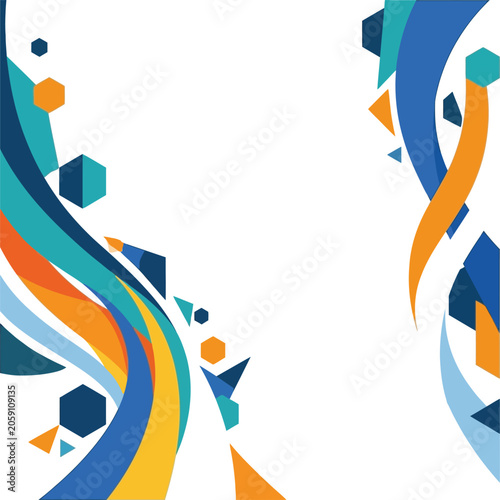 Obraz na plátně Abstract rainbow ribbon curves with geometric hexagons and floating shapes geome